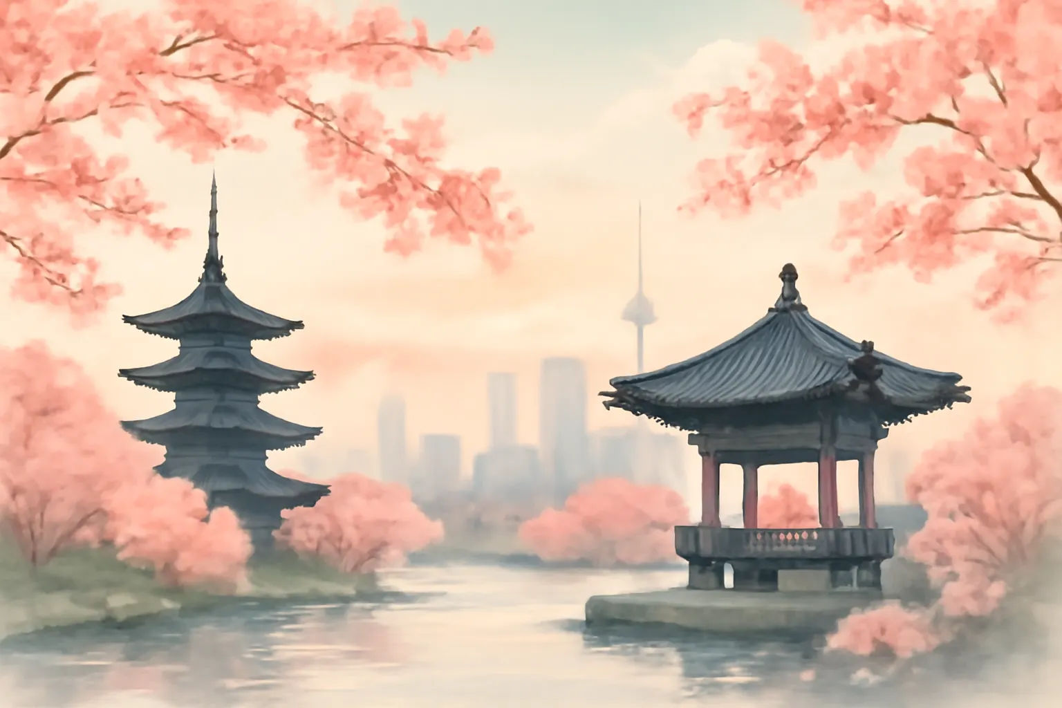 Artistic travel magazine style illustration blending Japanese and Korean cultural elements with soft pastel cityscapes and traditional motifs
