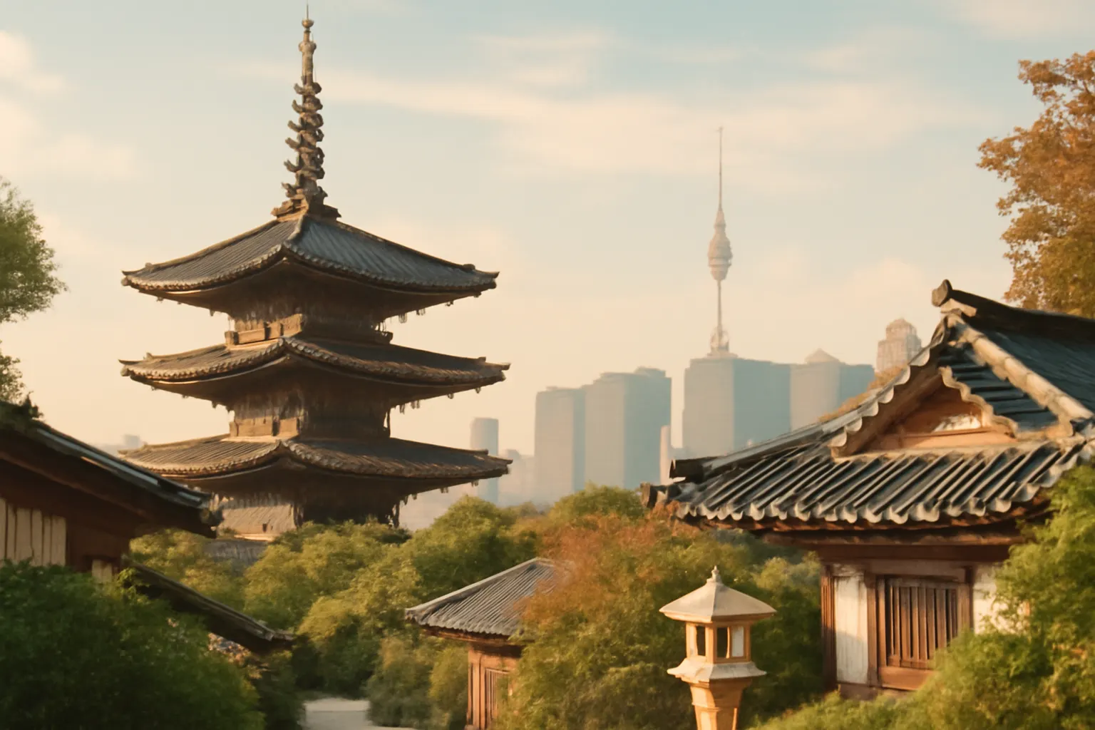 Estetik seyahat dergisi tarzında Japonya ve Kore kültürünü ve şehirlerini yansıtan atmosferik görsel