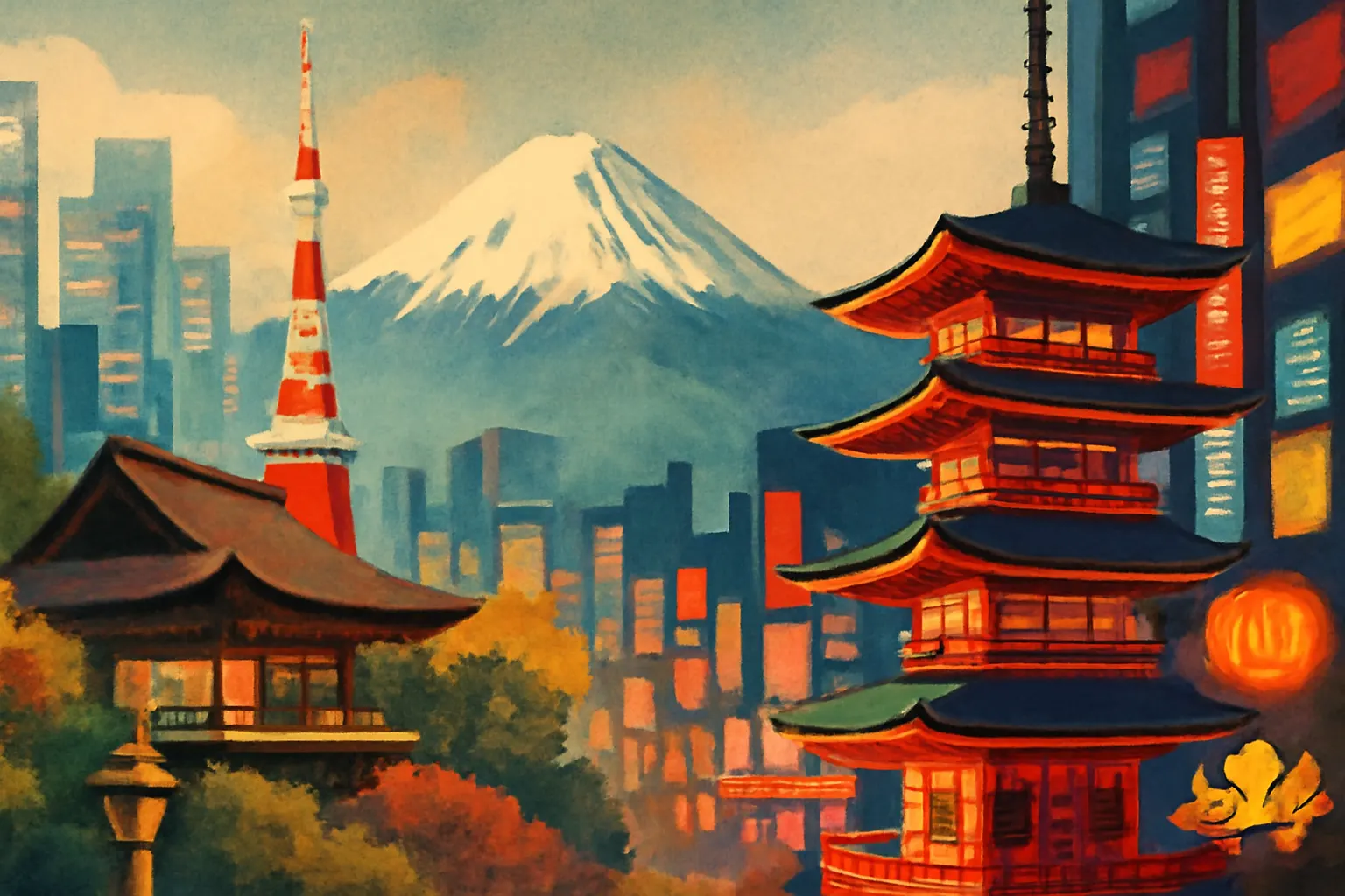 Abstract travel collage symbolizing Tokyo, Kyoto, Osaka, and Mount Fuji in a harmonious Japanese tour theme